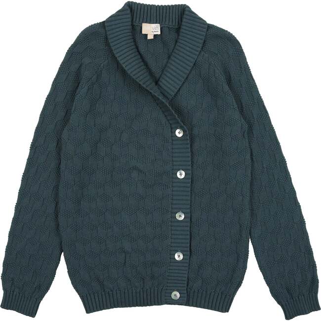 Cube Knit Relaxed Fit Lapel Collar Buttoned Sweater, Teal