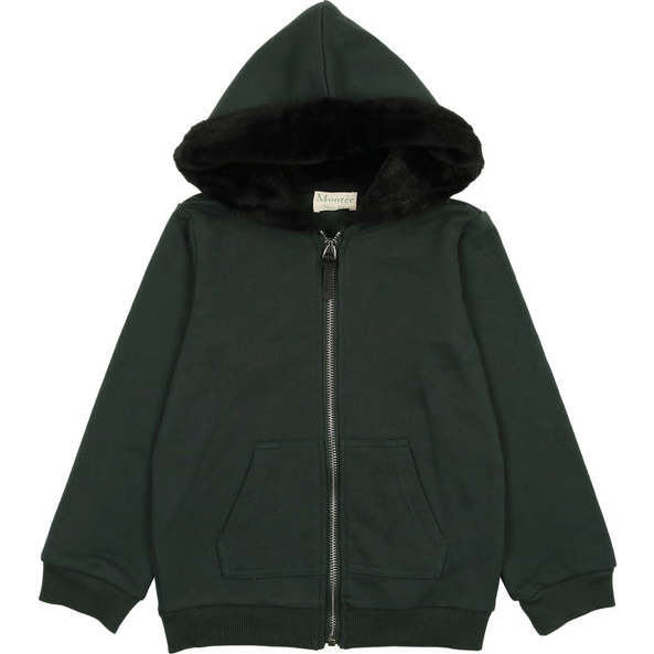Couture Contrast Zip-Up with Fur Lined Hood, Forest Green & Black - Sweaters - 1