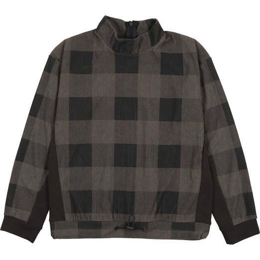 Corduroy Plaid Mao Collar Long Sleeve Toggle Top, Navy