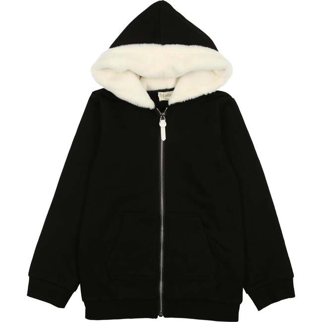 Couture Contrast Fur Lined Zip-Up Hoodie, Black & White