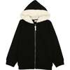 Couture Contrast Zip-Up with Fur Lined Hood, Black & White - Sweaters - 1 - thumbnail