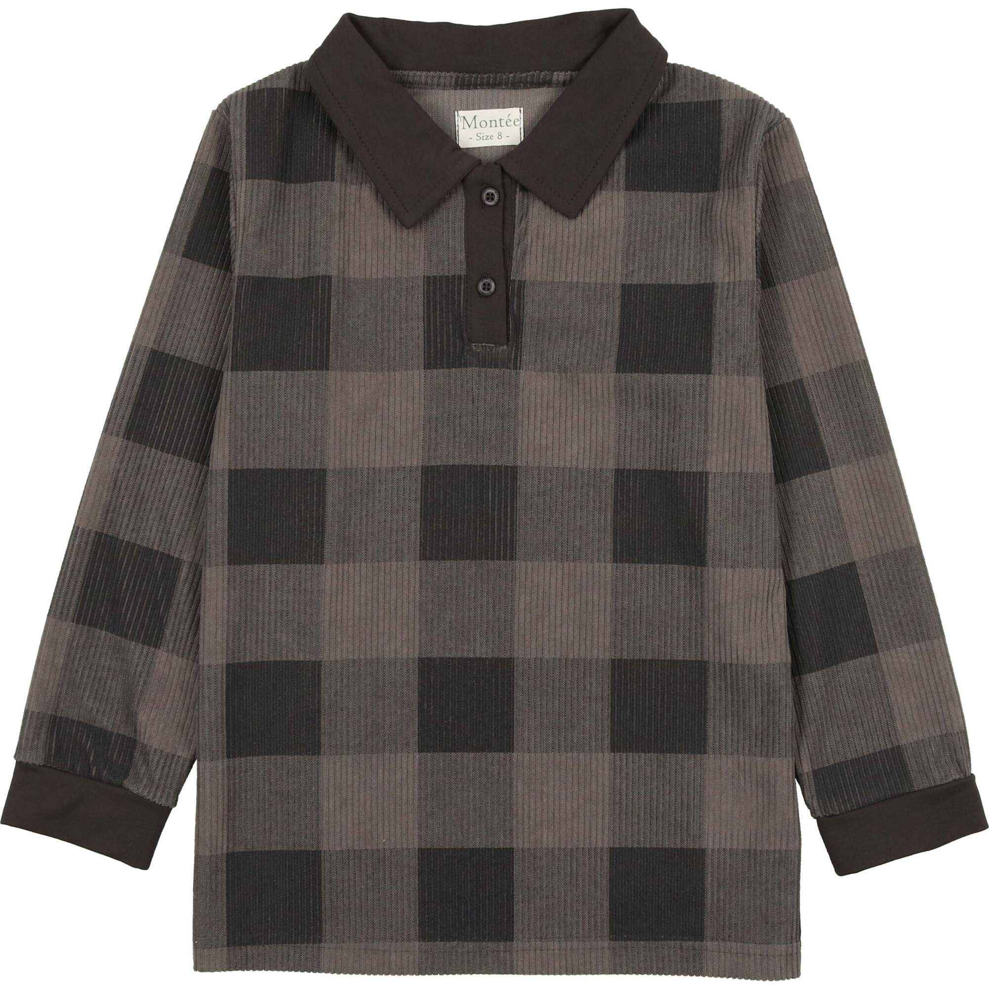 Corduroy Plaid Panel Long Sleeve Polo Shirt, Navy - Polo Shirts - 1