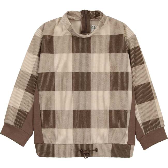 Corduroy Plaid Mao Collar Long Sleeve Toggle Top, Taupe