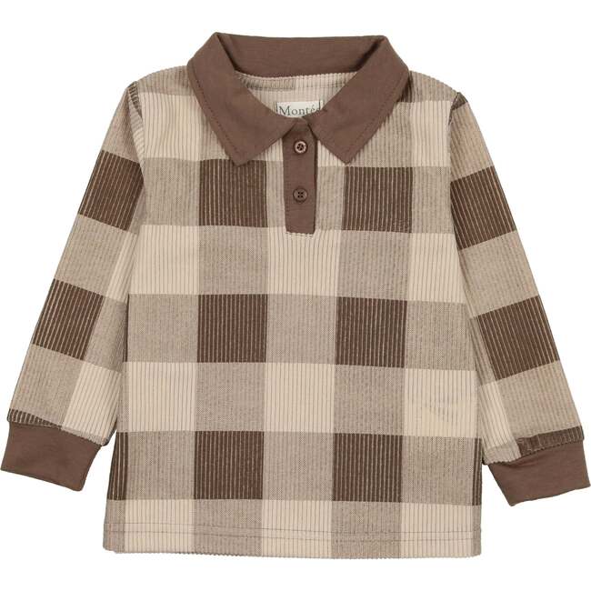 Corduroy Plaid Panel Long Sleeve Polo Shirt, Taupe - Polo Shirts - 1