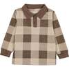 Corduroy Plaid Panel Long Sleeve Polo Shirt, Taupe - Polo Shirts - 1 - thumbnail