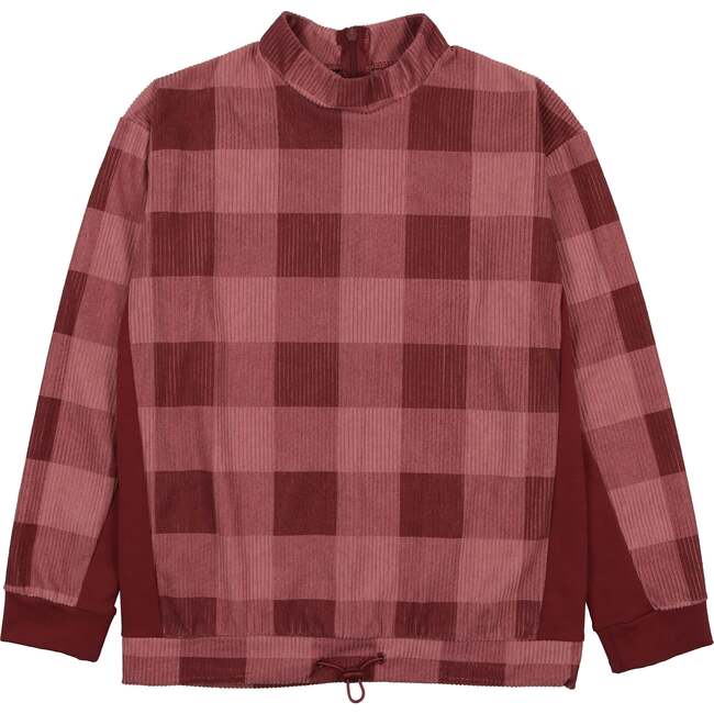 Corduroy Plaid Mao Collar Long Sleeve Toggle Top, Mauve