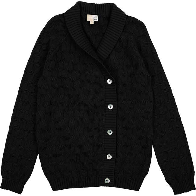 Cube Knit Relaxed Fit Lapel Collar Buttoned Sweater, Black