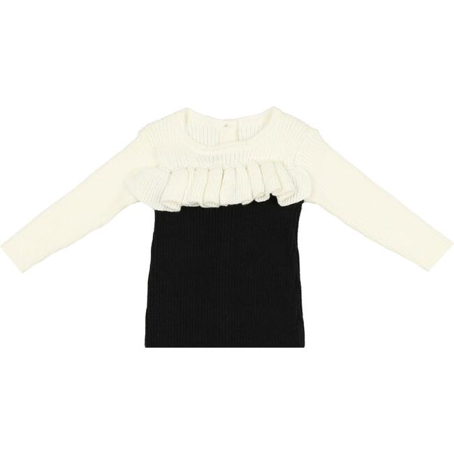 Color-Block Ruffle Knit Long Sleeve Top, White & Black