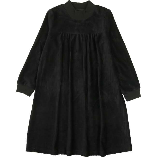 Corduroy Essentials Mao Collar Long Sleeve Relaxed Fit Dress, Black - Dresses - 1