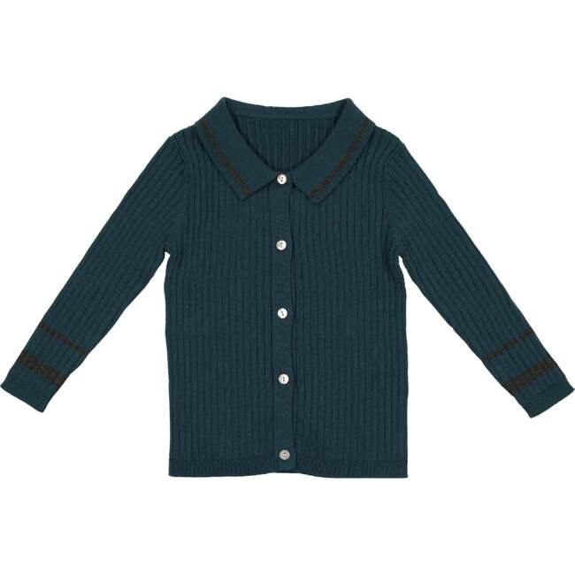 Classic Collar Contrast Stripe Cardigan, Deep Teal