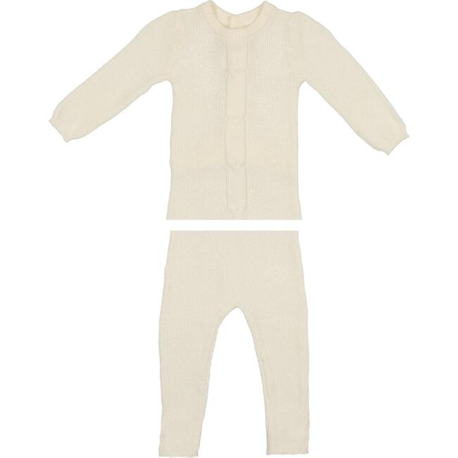 Braided Rope Knit Long Sleeve Sweater & Pant 2-Piece Set, Ivory