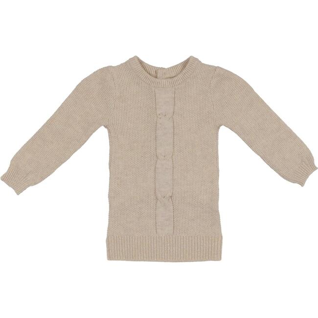 Braided Rope Knit Long Puff Sleeve Sweater, Heather Sand