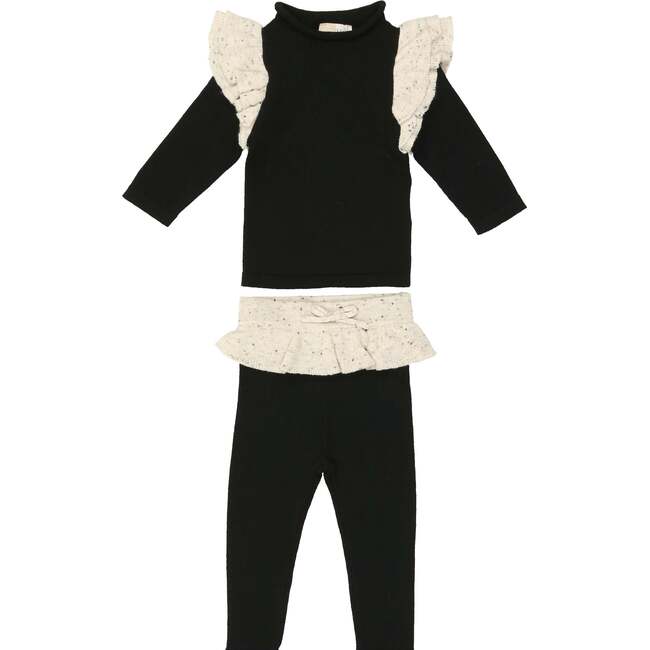 Chic Ruffle Shoulder Long Sleeve Top & Pant 2-Piece Set, Black & White