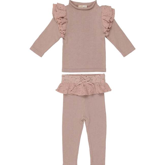 Chic Ruffle Shoulder Long Sleeve Top & Pant 2-Piece Set, Mauve