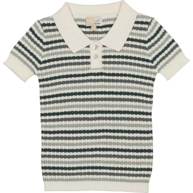 Boys Rib Knit Striped Short Sleeve Polo Shirt, Teal