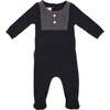 Boys Contrast Velour Bib Long Sleeve Footie, Deep Blue & Grey - Footie Pajamas - 1 - thumbnail