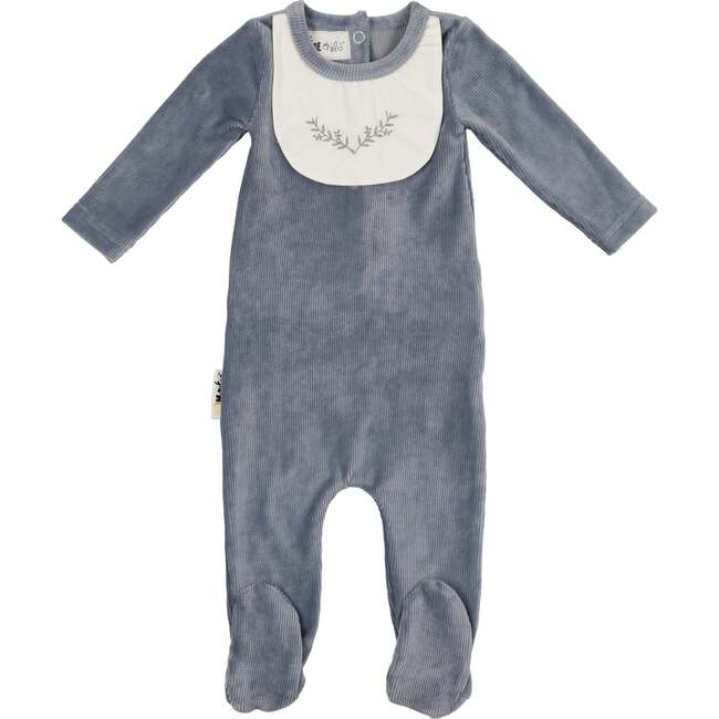 Boys Embroidered Bib Corduroy Long Sleeve Footie, Blue - Footie Pajamas - 1