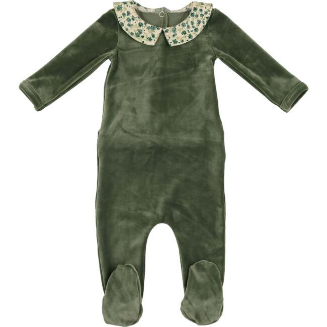 Boy's Velour Floral Peter Pan Collar Long Sleeve Footie, Sage - Footie Pajamas - 1