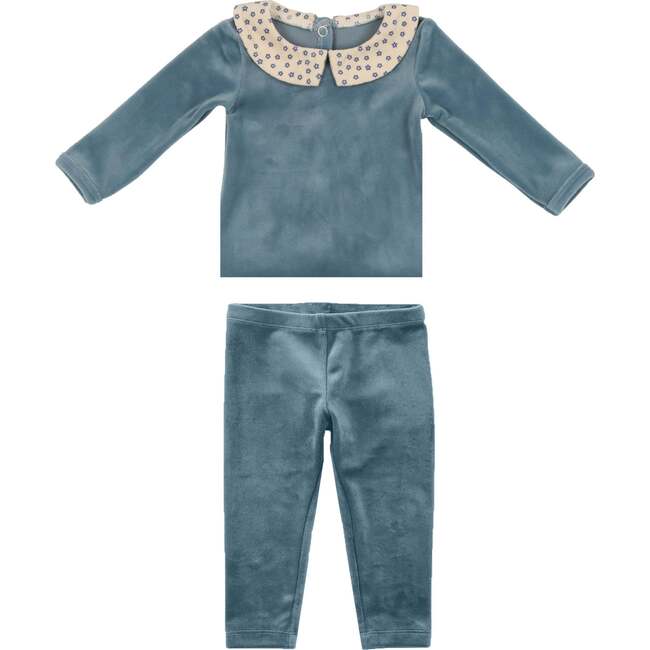 Boy's Velour Floral Peter Pan Collar Top & Pant 2-Piece Set, Blue - Mixed Apparel Set - 1