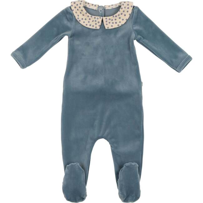 Boy's Velour Floral Peter Pan Collar Long Sleeve Footie, Blue - Footie Pajamas - 1