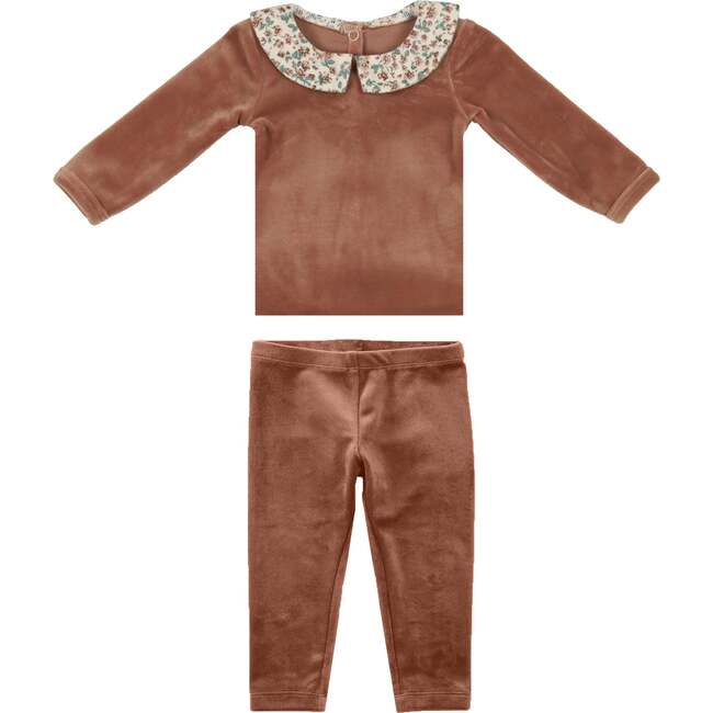 Boy's Velour Floral Peter Pan Collar Top & Pant 2-Piece Set, Caramel