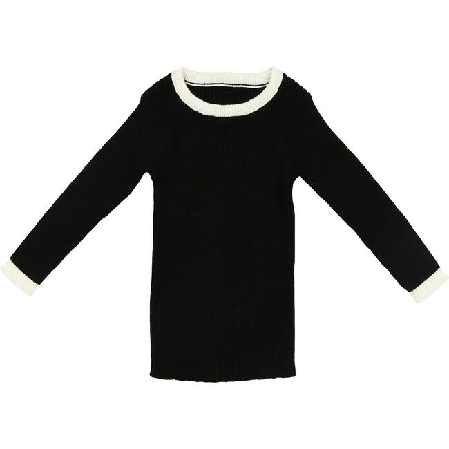 Boy Knit Contrast Piped Round Neck Long Sleeve Sweater, Black