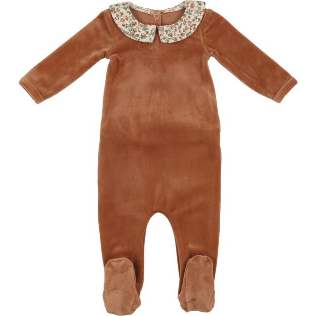 Boy's Velour Floral Peter Pan Collar Long Sleeve Footie, Caramel - Footie Pajamas - 1