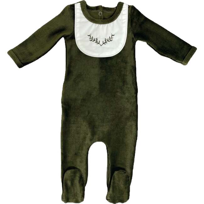 Boys Embroidered Bib Corduroy Long Sleeve Footie, Olive - Footie Pajamas - 1