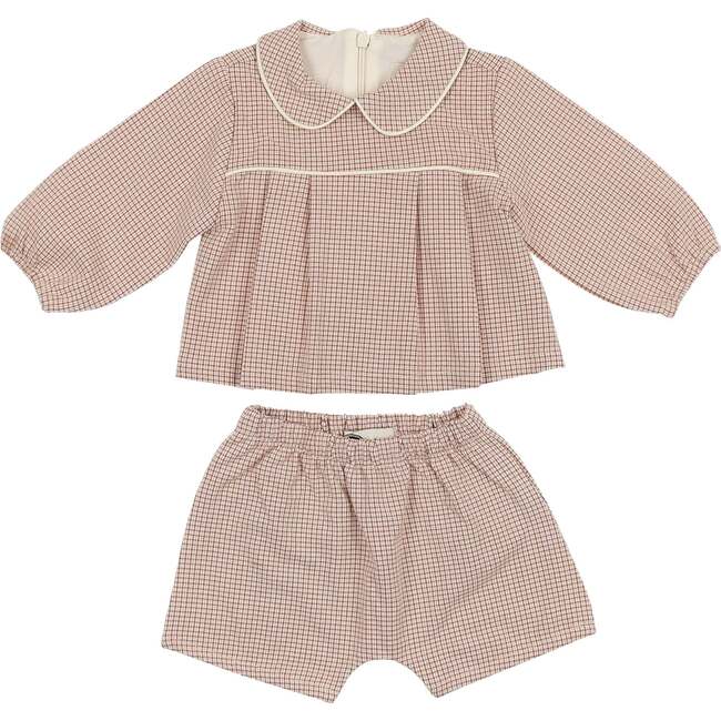 Baby Lurex Check Piped Peter Pan Collar Shirt & Short Set, Red