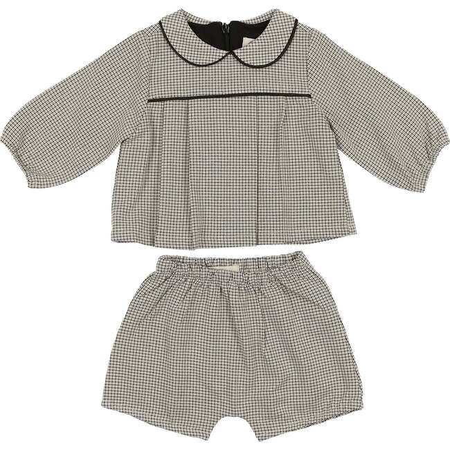 Baby Lurex Check Piped Peter Pan Collar Shirt & Short Set, Black & White