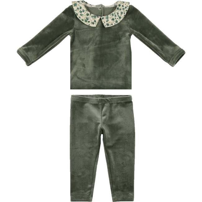 Boy's Velour Floral Peter Pan Collar Top & Pant 2-Piece Set, Sage - Mixed Apparel Set - 1