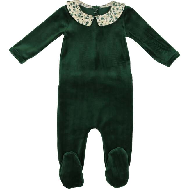 Boy's Velour Floral Peter Pan Collar Long Sleeve Footie, Emerald