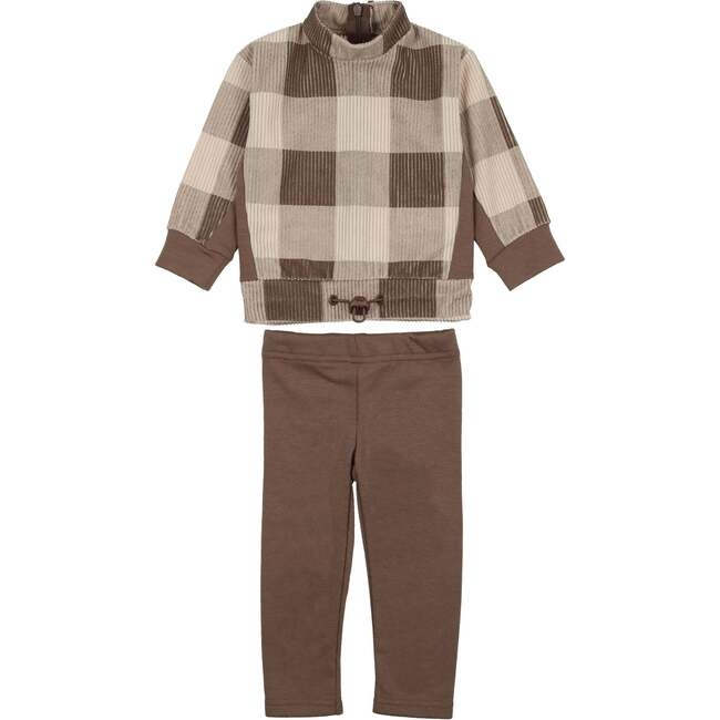 Baby Unisex Corduroy Plaid Turtle Neck Shirt & Solid Pant Set, Taupe - Mixed Apparel Set - 1