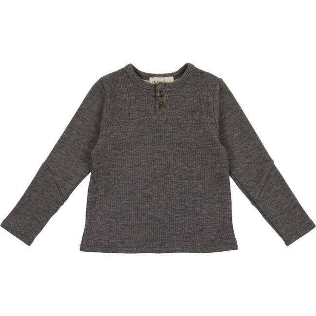 Asymmetrical Cashmere Long Sleeve Henley Shirt, Heather Charcoal