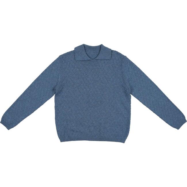 Argyle Fine Knit Collared Rounded V-Neck Sweater, Heather Blue