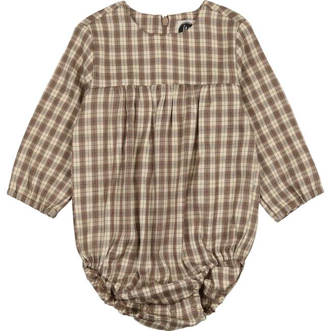 Autumn Plaid Round Neck Long Sleeve Romper, Beige