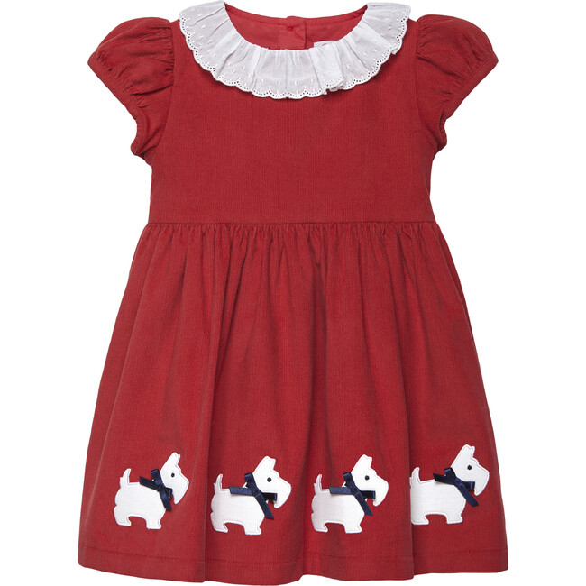 Little Scottie Anglaise Collar Puff Sleeve Dress, Berry Red