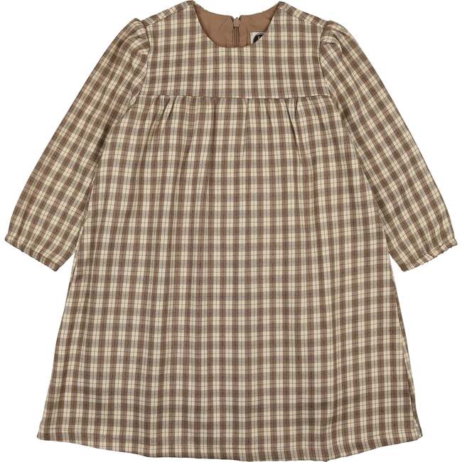 Autumn Plaid Long Sleeve Relaxed Fit Dress, Beige