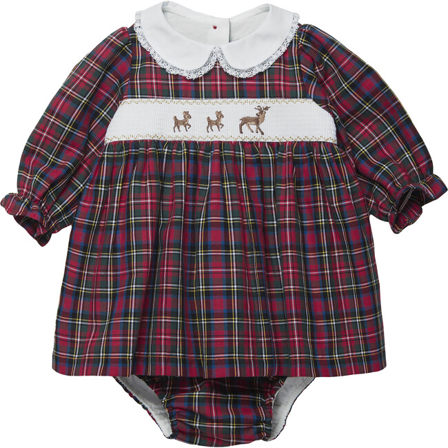 Little Reindeer Tartan Print Long Sleeve Smocked Dress, Red