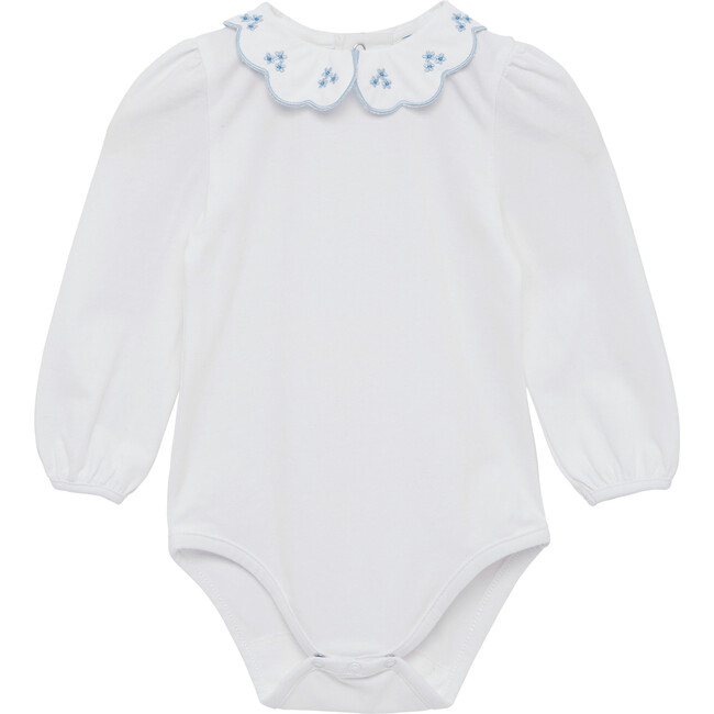 Little Floral Print Petal Collar Long Sleeve Bodysuit, White & Blue