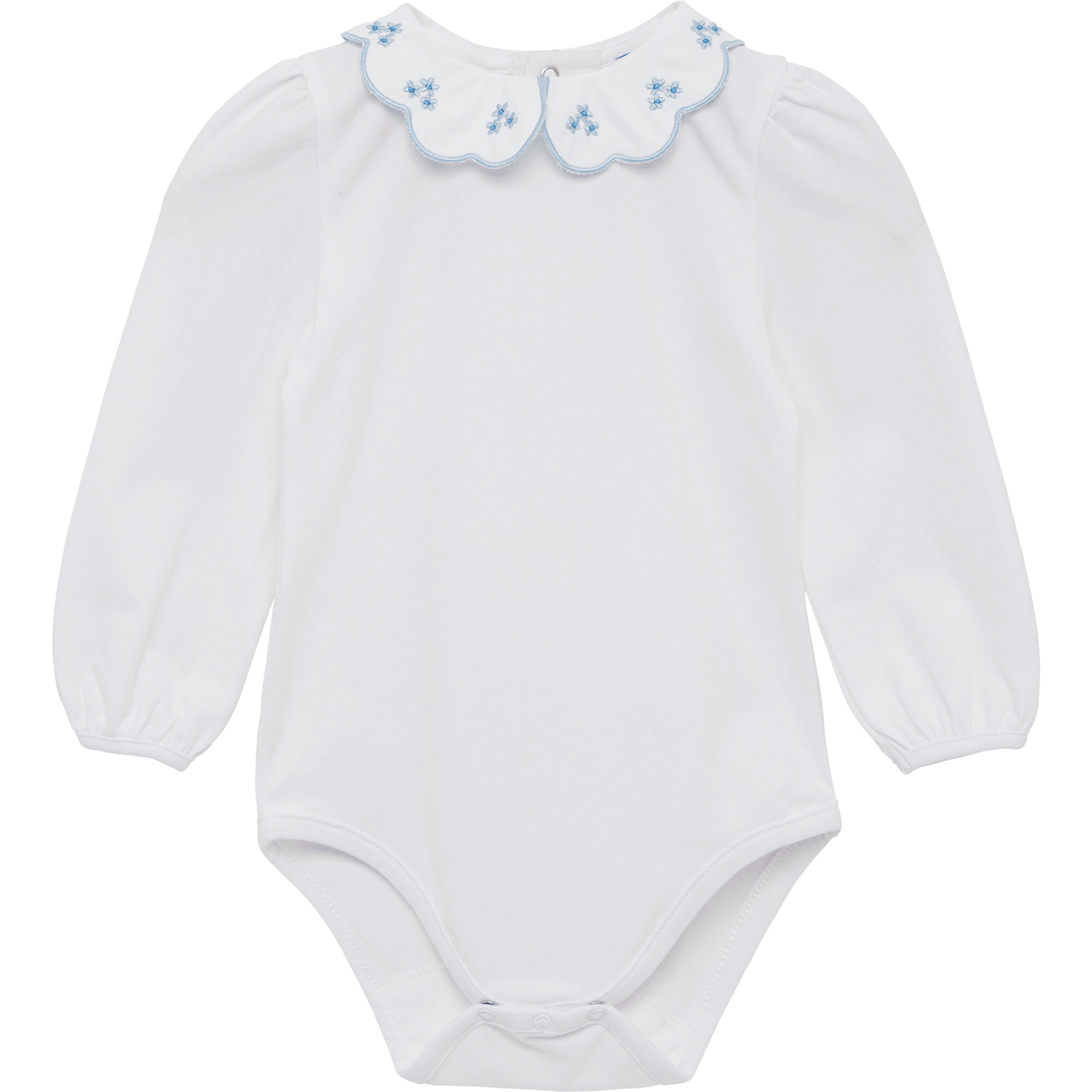 Little Floral Print Petal Collar Long Sleeve Bodysuit, White & Blue - Onesies - 1
