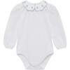 Little Floral Print Petal Collar Long Sleeve Bodysuit, White & Blue - Onesies - 1 - thumbnail