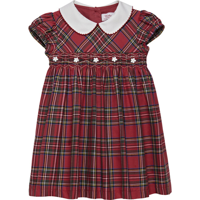 Little Charlotte Tartan Cotton Collar Smocked Dress, Red