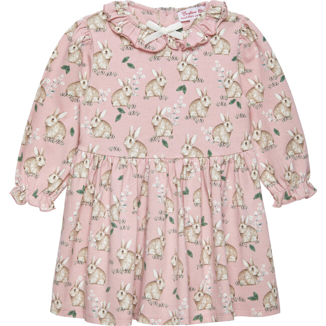 Little Bunny Print Willow Collar Long Sleeve Jersey Dress, Rose Pink