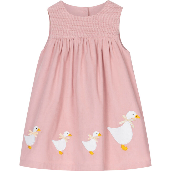 Little Duck Print Smocked Sleeveless Pinafore Dress, Pink Cord