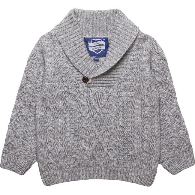 Little Finn Shawl Collar Cable Knit Button Sweater, Grey Marl