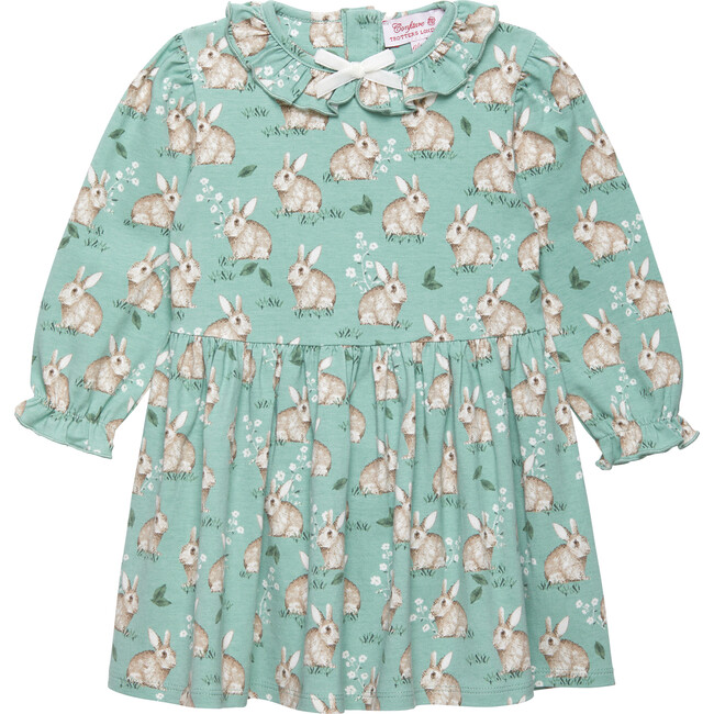 Little Bunny Print Willow Collar Long Sleeve Jersey Dress, Pale Green