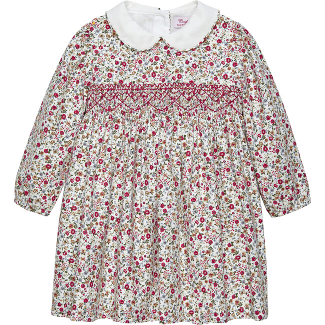 Little Arabella Floral Print Peter Pan Collar Smocked Dress, Red