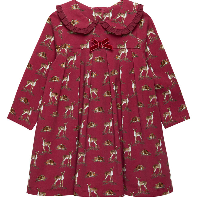 Deer Print Petal Collar Velvet Bow Jersey Dress, Red Berry - Dresses - 1