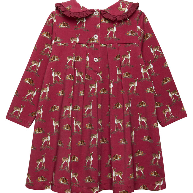 Deer Print Petal Collar Velvet Bow Jersey Dress, Red Berry - Dresses - 2